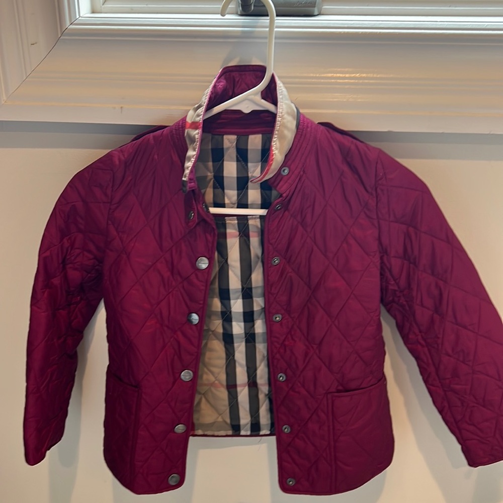 Burberry Kids Maroon Quilted Pea Coat with Check Lining